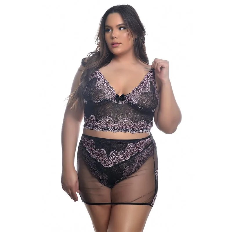 Conjunto Plus Size com Sainha em Tule com Detalhes em Renda Bicolor