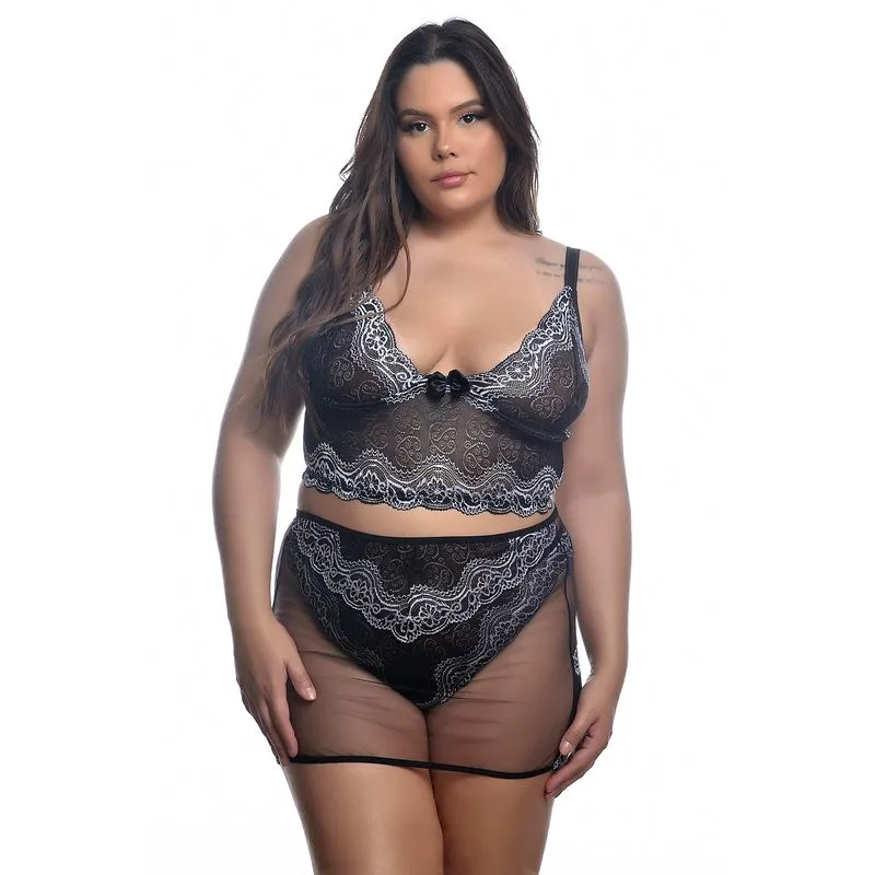 Conjunto Plus Size com Sainha em Tule com Detalhes em Renda Bicolor