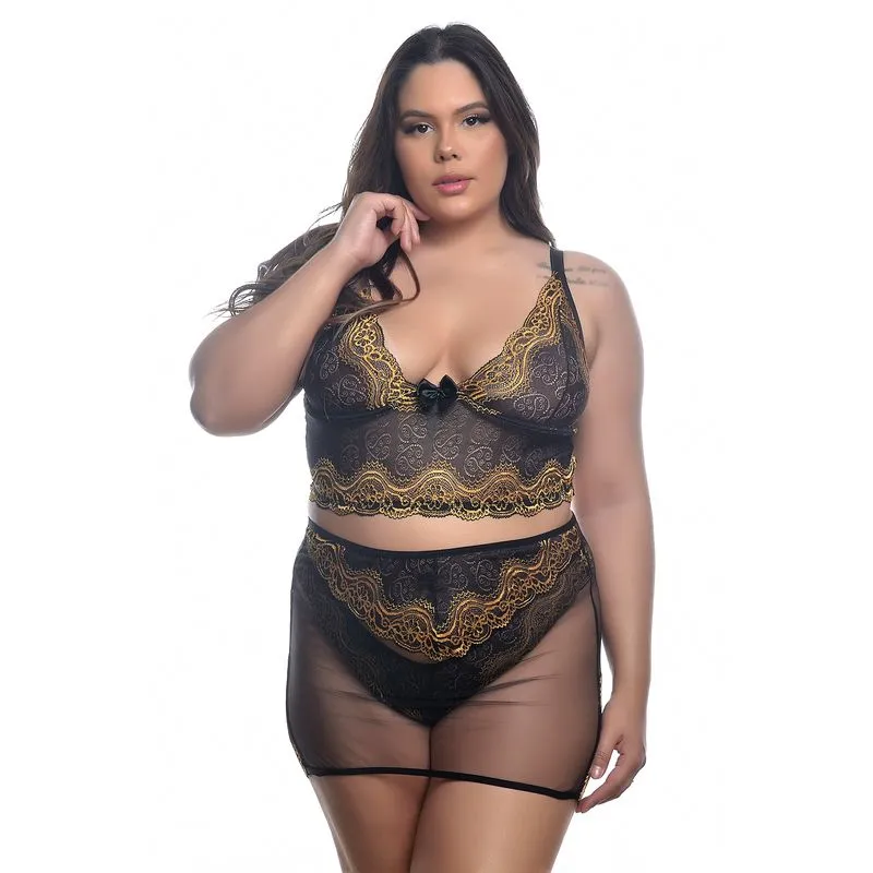 Conjunto Plus Size com Sainha em Tule com Detalhes em Renda Bicolor