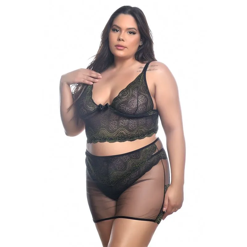 Conjunto Plus Size com Sainha em Tule com Detalhes em Renda Bicolor