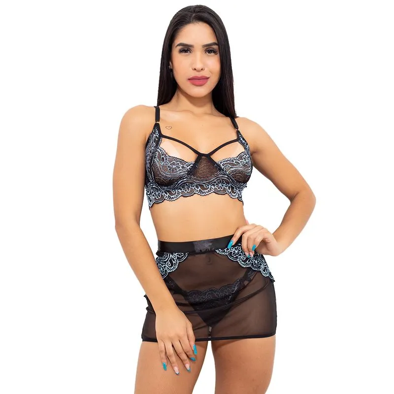Conjunto em Renda Bicolor com Sainha em Tule Hot Love
