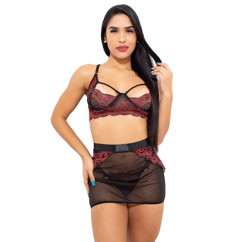 Conjunto em Renda Bicolor com Sainha em Tule Hot Love