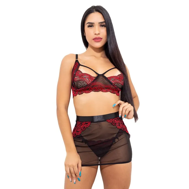 Conjunto em Renda Bicolor com Sainha em Tule Hot Love