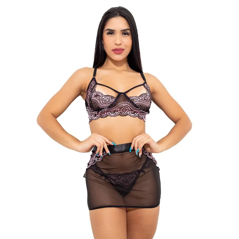 Conjunto em Renda Bicolor com Sainha em Tule Hot Love