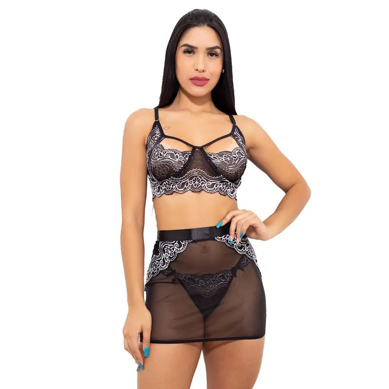 Conjunto em Renda Bicolor com Sainha em Tule Hot Love
