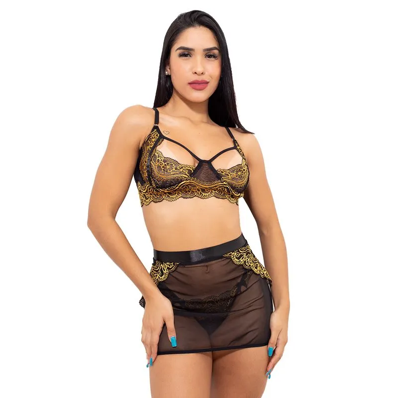 Conjunto em Renda Bicolor com Sainha em Tule Hot Love