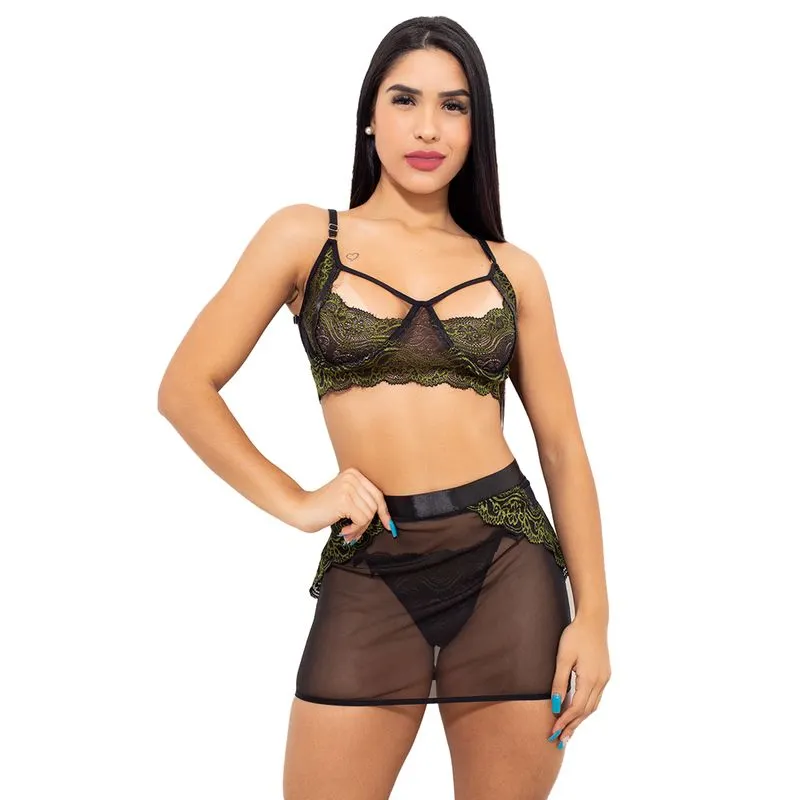 Conjunto em Renda Bicolor com Sainha em Tule Hot Love
