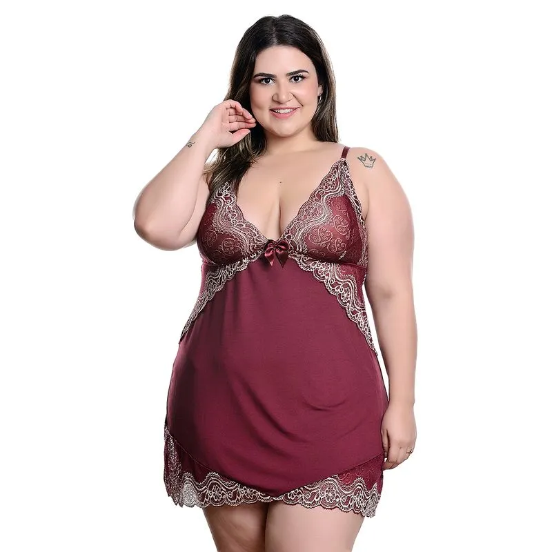 Camisola Plus Size em Tule com Detalhes em Renda Bicolor Hot Love