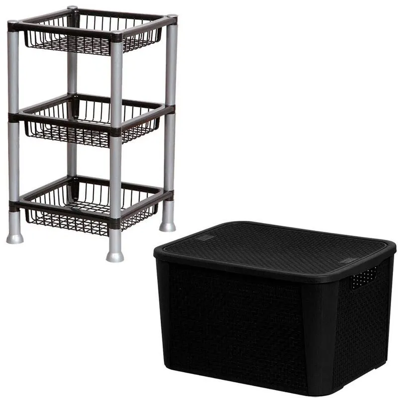 Caixa Organizadora Rattan 42 Litros E Organizador Fruteira 3 Andares Plasnew