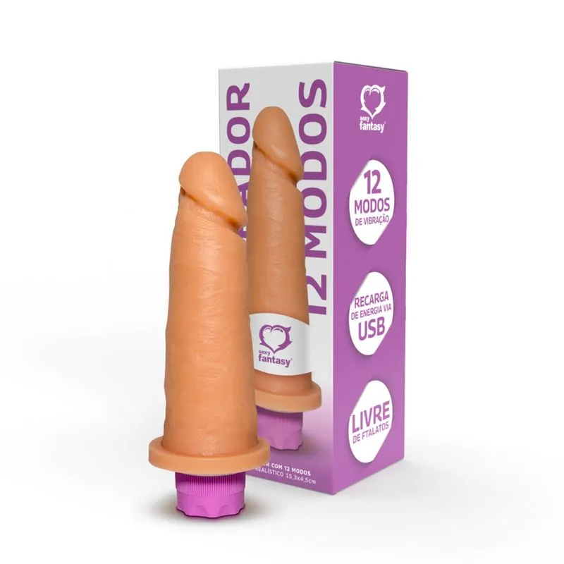 Pênis Realístico Vibro com 12 Modos de Vibração 15,3x4,5cm Sexy Fantasy