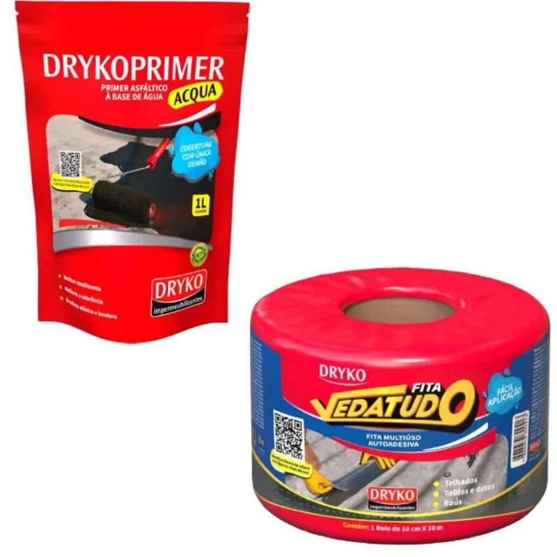 Primer Asfáltico 1 Litro Base de Água com Fita Autoadesiva Asfáltica Vedatudo dryko