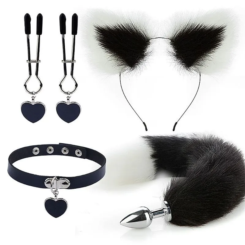 Kit Sado de Rapousa com 4 peças Preta Kit Rabo de Raposa, Tiara de Orelhas, Grampos para os Seios e Gargantilha Sexy Import