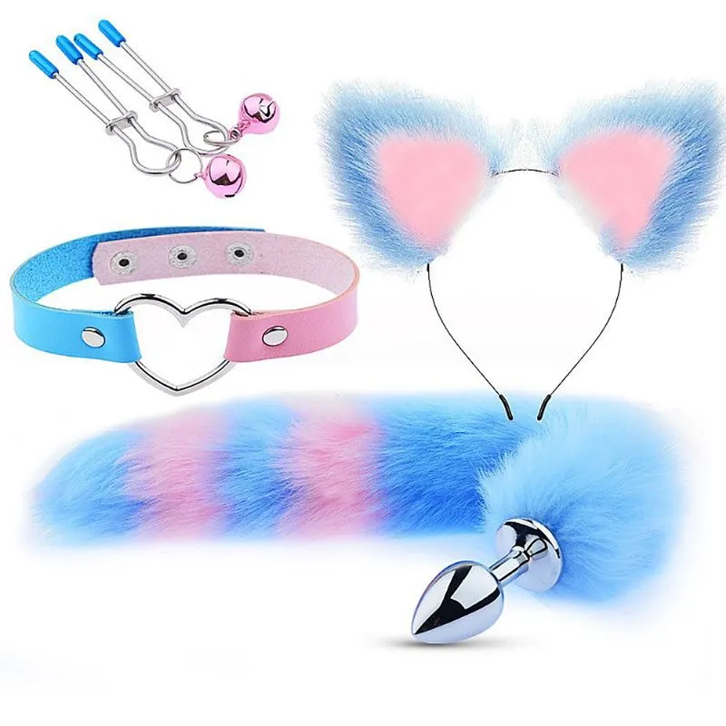 Kit Sado Rapousa com 4 peças Azul e Rosa Kit Rabo de Raposa, Tiara de Orelhas, Grampos para os Seios e Gargantilha Sexy Import