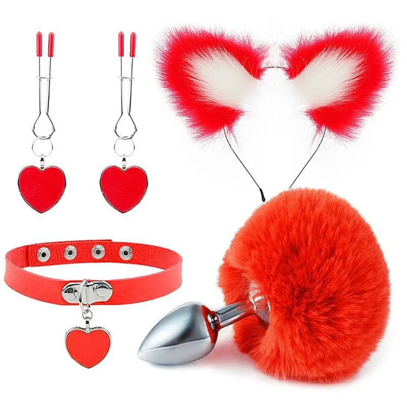 Kit Plug Anal Pompom, Tiara de Orelhas, Grampos para Mamilos e Gargantilha Sexy Import