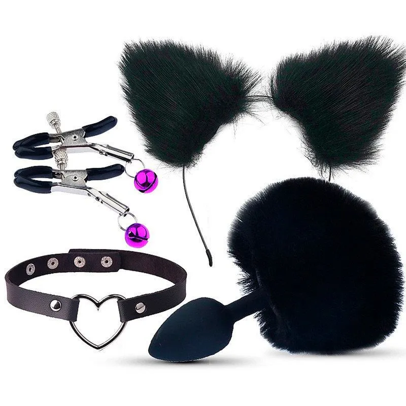 Kit Plug Anal Rabo de Coelho, Tiara de Orelhas, Grampos para Mamilos e Gargantilha Sexy Import