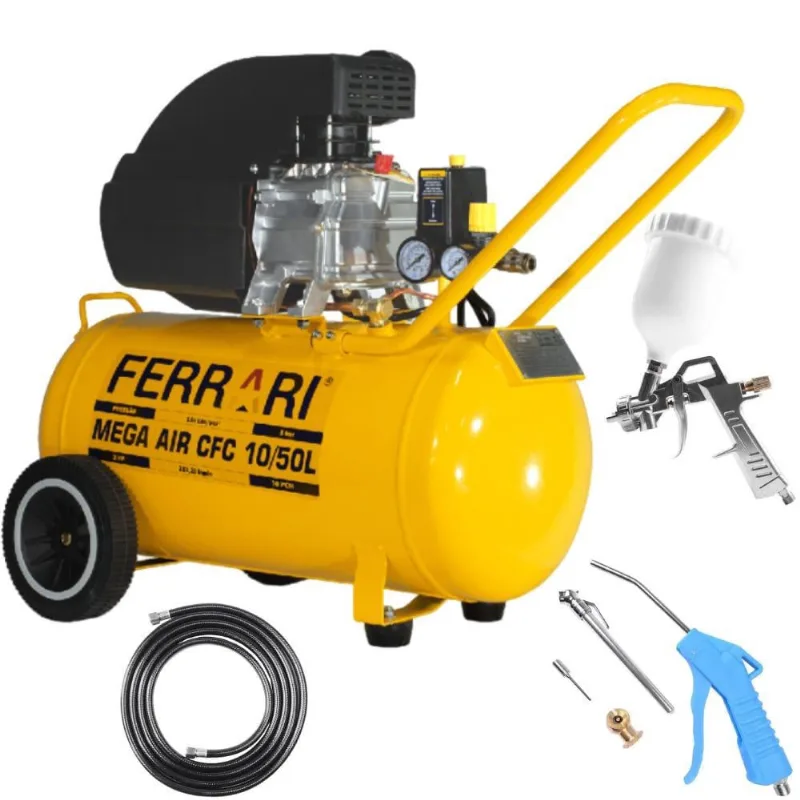 Compressor Ar Direto 2 hp cfc 10/50 Litros com Kit Multiuso ferrari