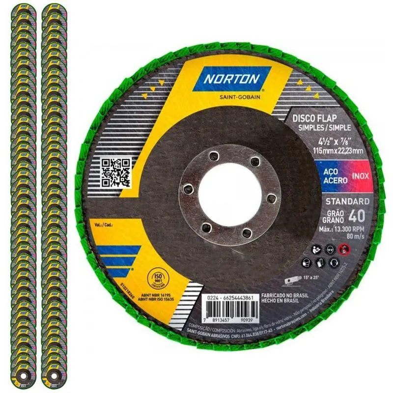 Disco Flap 4.1/2 Pol Grão 40 Standard Com 100 Unidades Norton