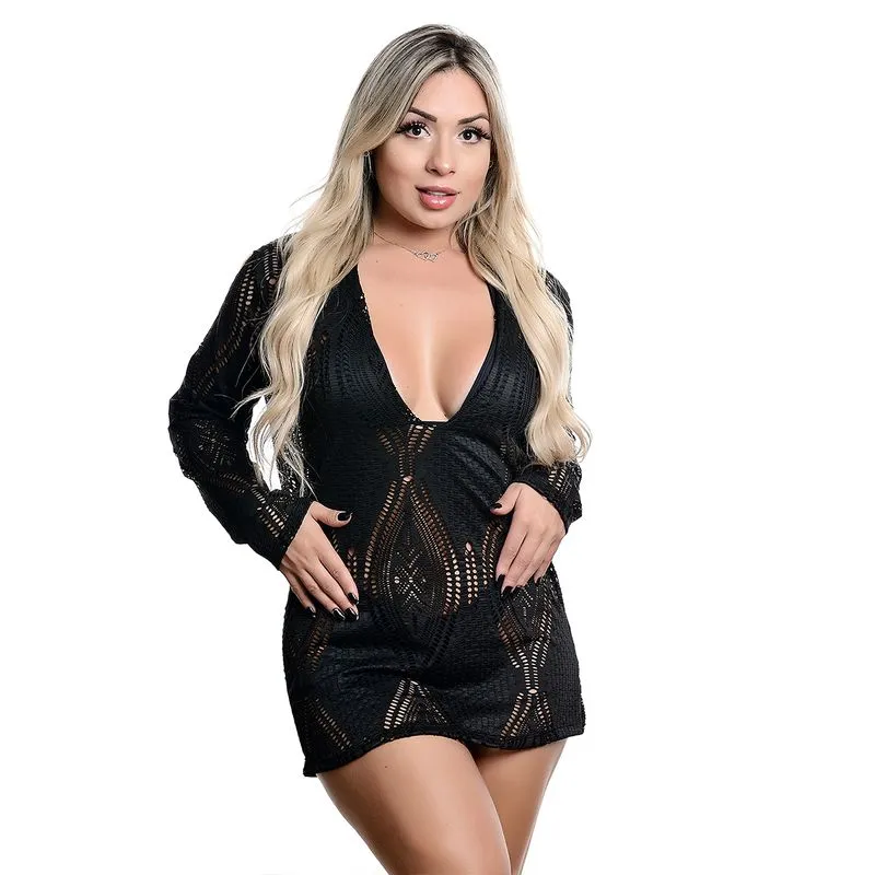 Saída de Praia Longa com Tecido Bordado Hot Love Saída de Praia Longa Aberta com Tecido Bordado Hot Love