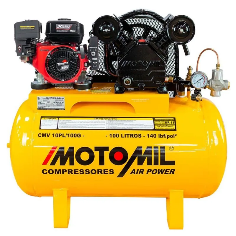 Compressor de Ar 10 Pés 100 Litros motomil com Motor Gasolina 6,5 hp 4T Partida Elétrica