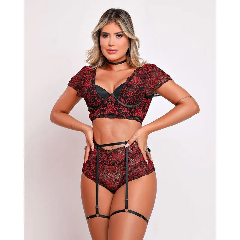 Conjunto Rendado com Bojo Alça Liga e Choker Coleção Fetiche Dy Girl