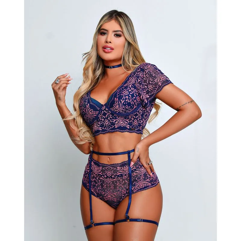 Conjunto Rendado com Bojo Alça Liga e Choker Coleção Fetiche Dy Girl