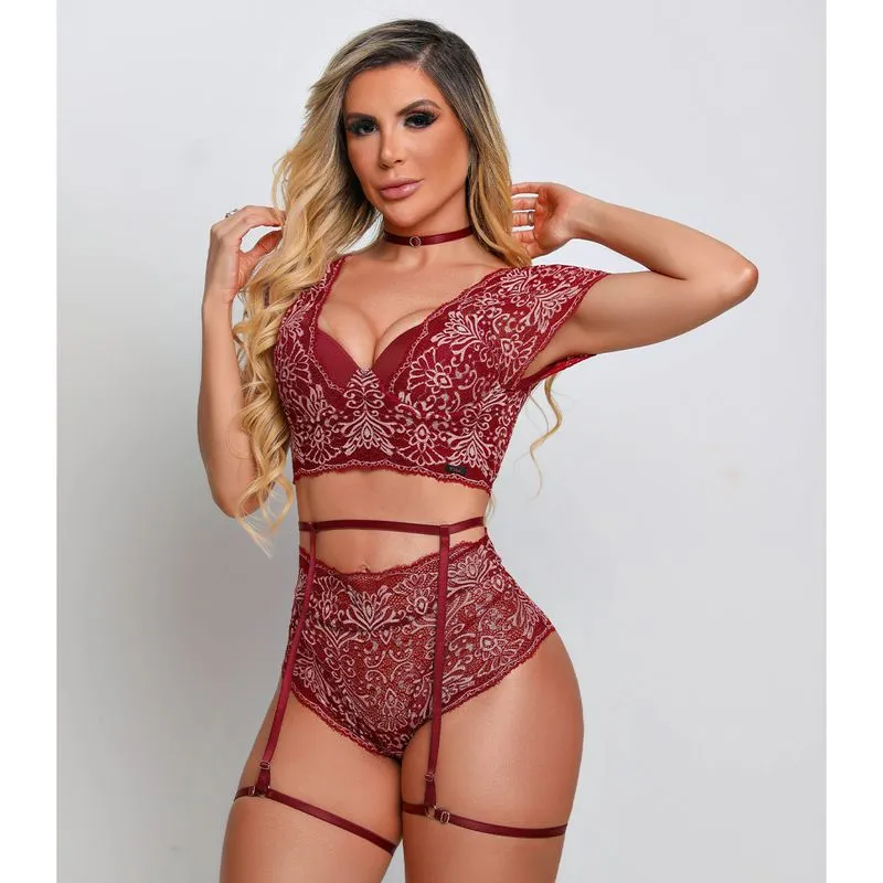 Conjunto Rendado com Bojo Alça Liga e Choker Coleção Fetiche Dy Girl