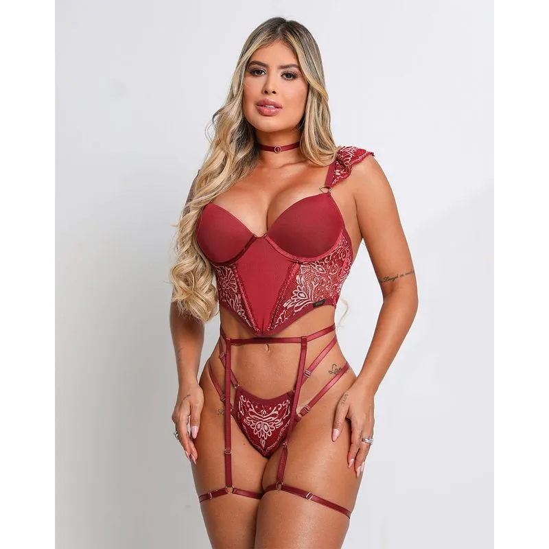 Conjunto Cropped com Calcinha String Alça Liga e Chocker Coleção Fetiche Dy Girl