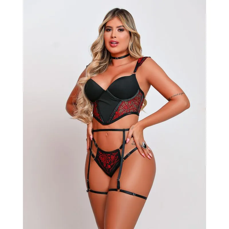 Conjunto Cropped com Calcinha String Alça Liga e Chocker Coleção Fetiche Dy Girl