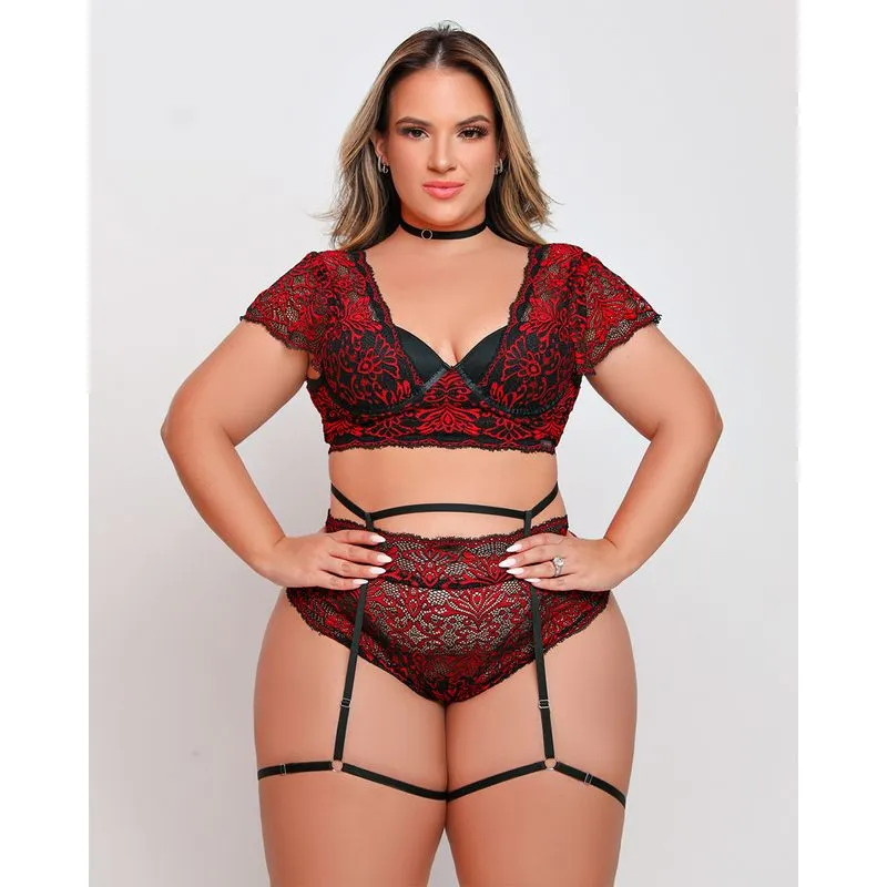 Conjunto Rendado Plus Size com Bojo Alça Liga e Choker Coleção Fetiche Dy Girl