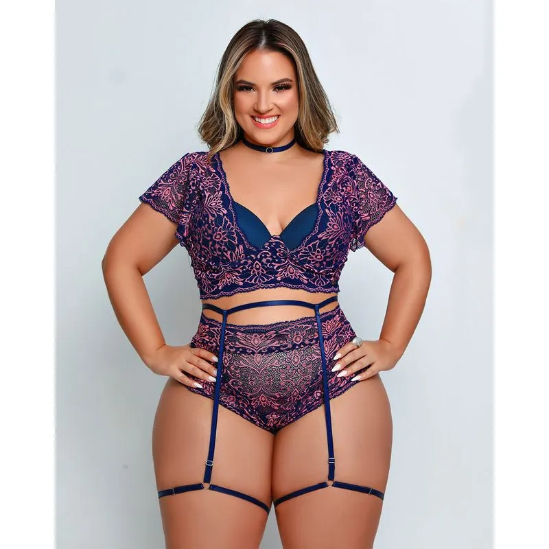 Conjunto Rendado Plus Size com Bojo Alça Liga e Choker Coleção Fetiche Dy Girl