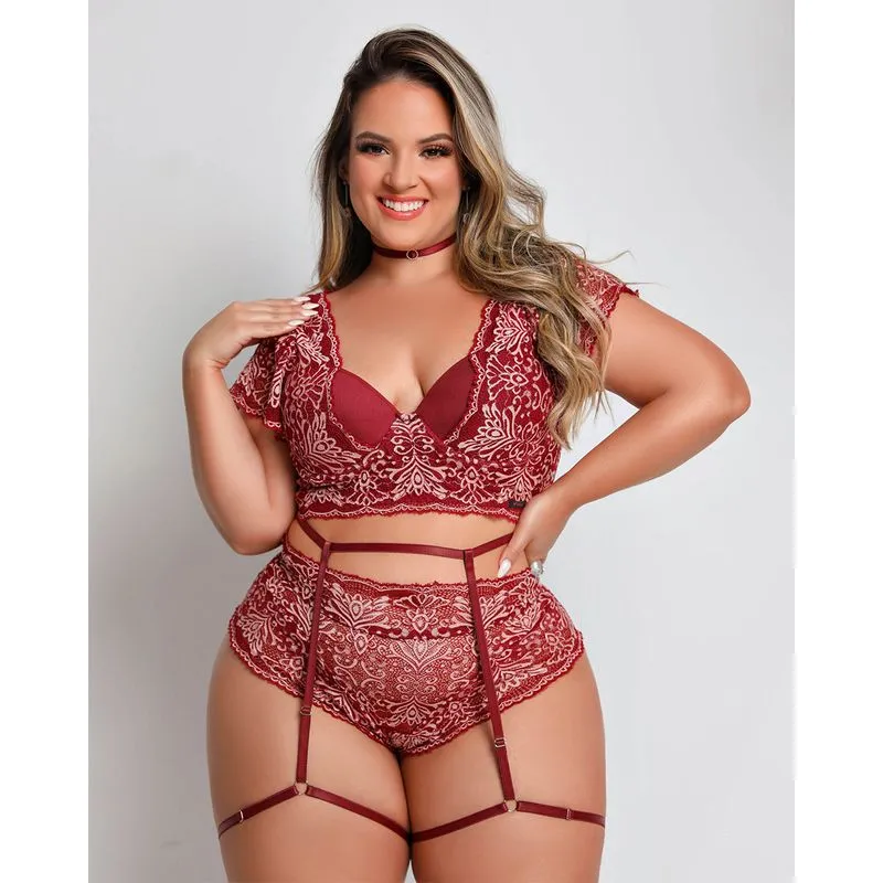 Conjunto Rendado Plus Size com Bojo Alça Liga e Choker Coleção Fetiche Dy Girl
