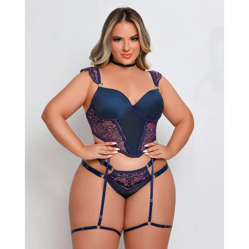 Conjunto Crooped Plus Size com Calcinha Stringer Alça Liga e Chocker Coleção Fetiche Dy Girl