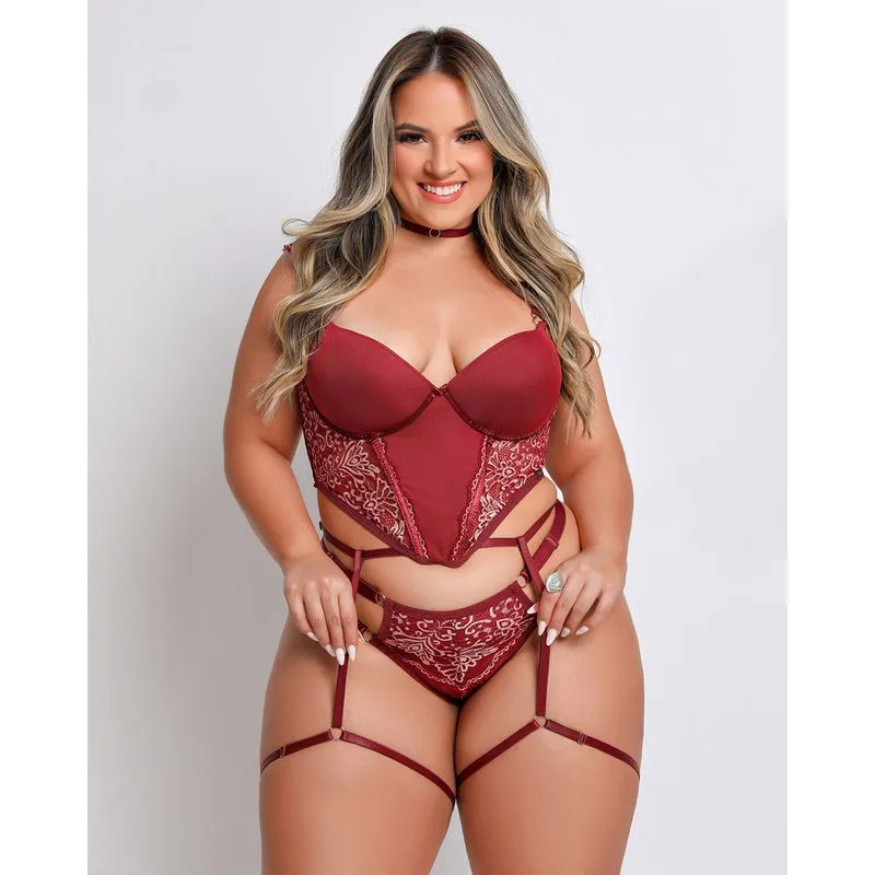 Conjunto Crooped Plus Size com Calcinha Stringer Alça Liga e Chocker Coleção Fetiche Dy Girl