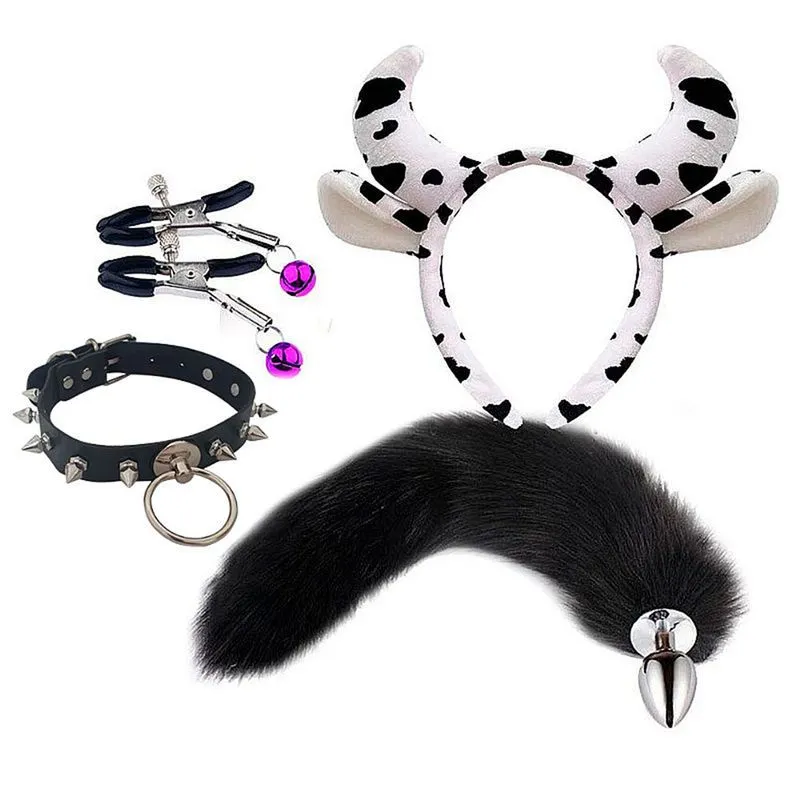 Kit Plug Anal Rabo de Raposa, Tiara de Orelha, Grampos para Mamilos e Gargantilha Sexy Import