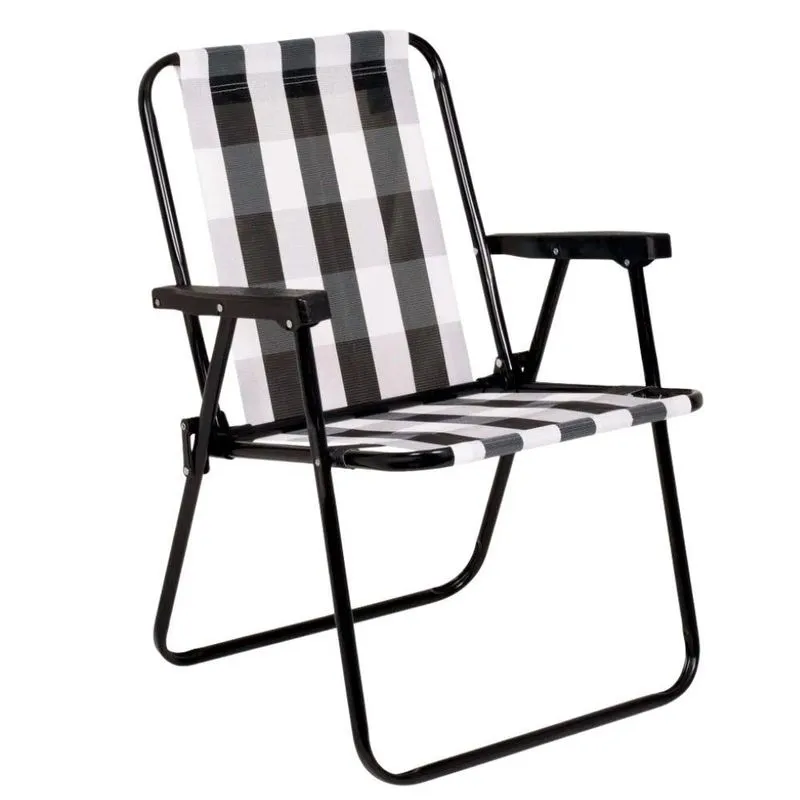 Cadeira De Praia Alta De Aço Pintado Xadrez Preto E Branco 002583 Bel