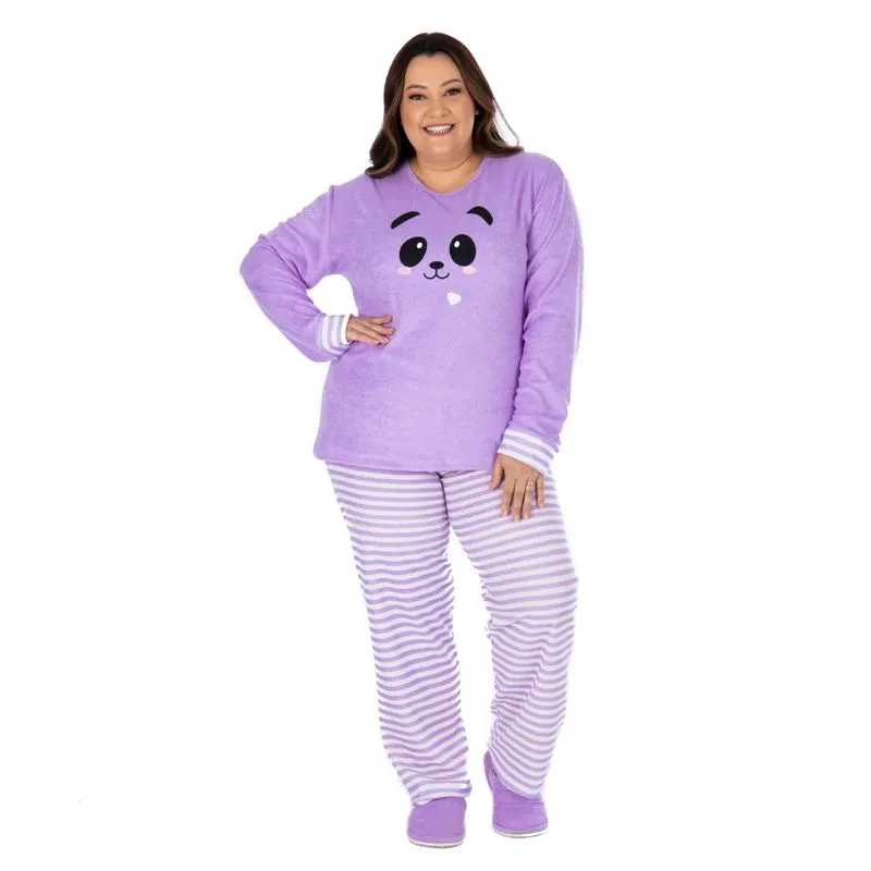 Pijama Sophia Plush Plus Size Feminino com Manga Longa e Calça Coleção Inverno Victory