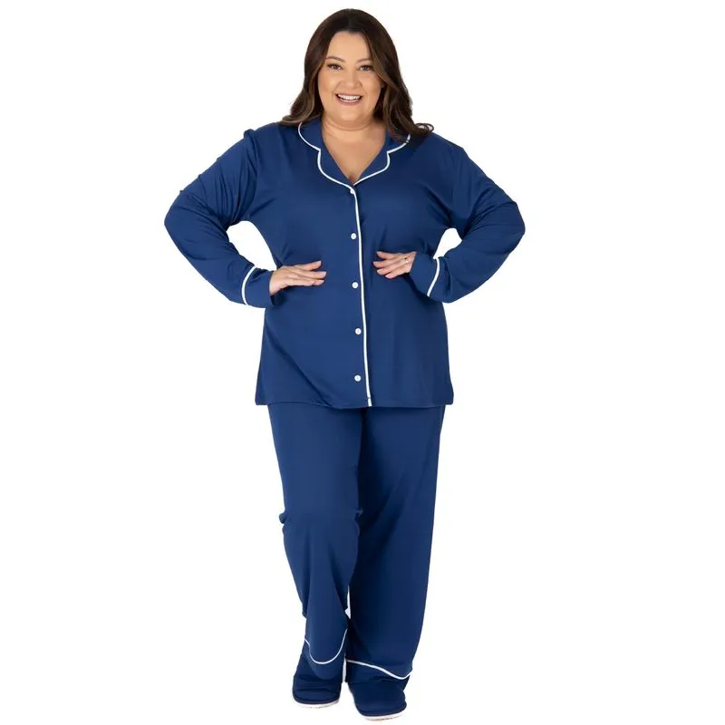 Pijama Americano Plus Size Meia Malha Feminino com Manga Longa e Calça Coleção Inverno Victory
