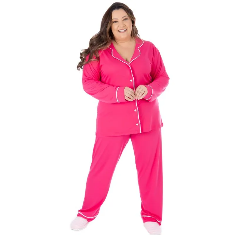 Pijama Americano Plus Size Meia Malha Feminino com Manga Longa e Calça Coleção Inverno Victory