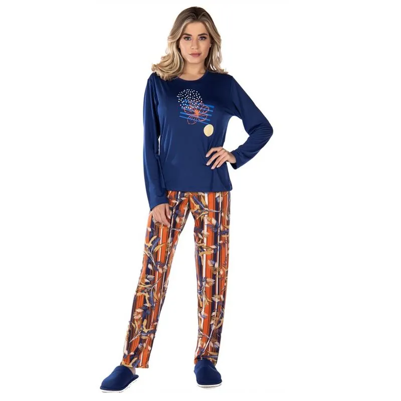 Pijama Elegance Feminino Meia Malha com Manga Longa e Calça Estampada Victory
