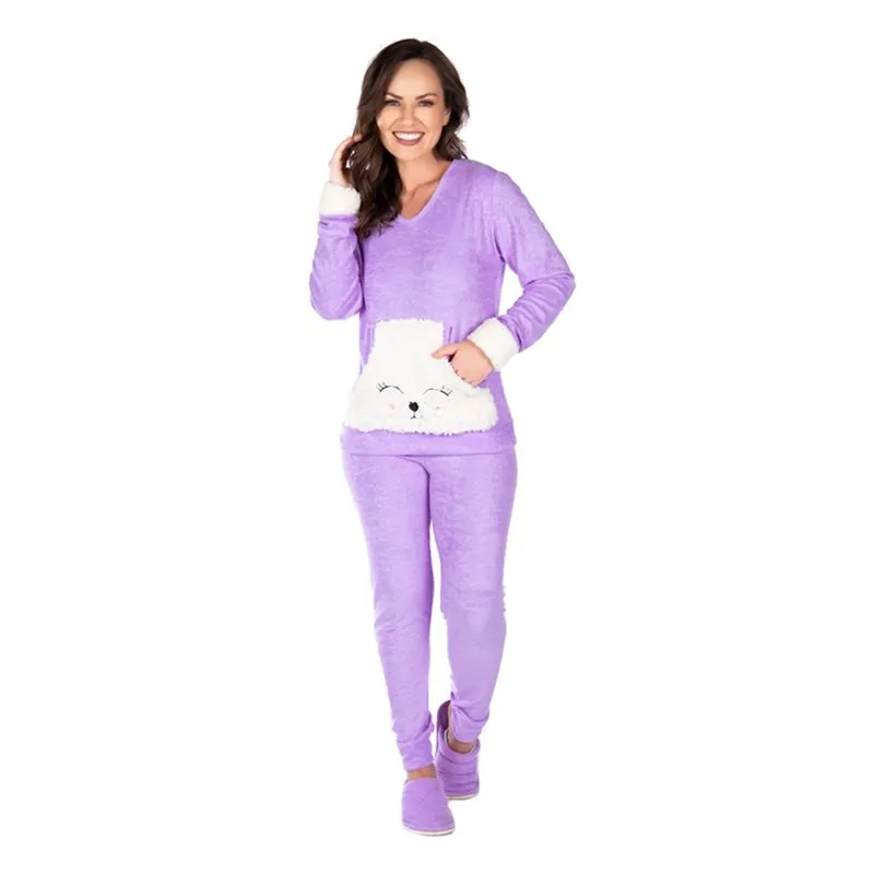 Pijama Kanguru Feminino Manga Longa e Calça Coleção Inverno Victory