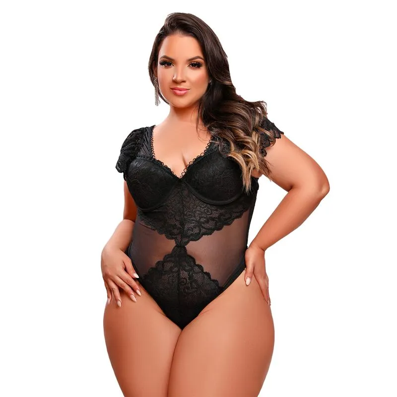 Body Rendado com Manga Plus Size Dy Girl