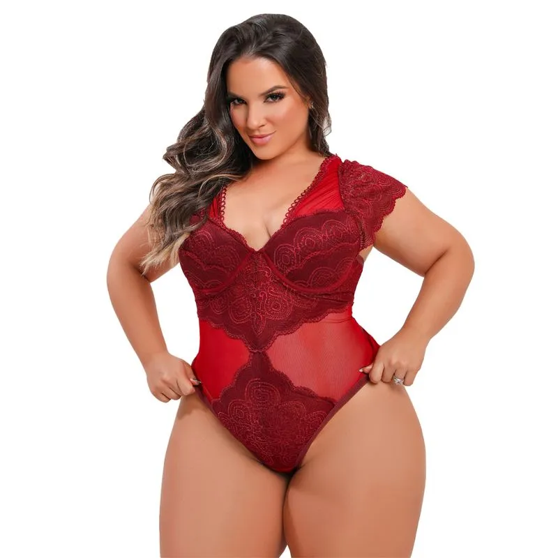 Body Rendado com Manga Plus Size Dy Girl