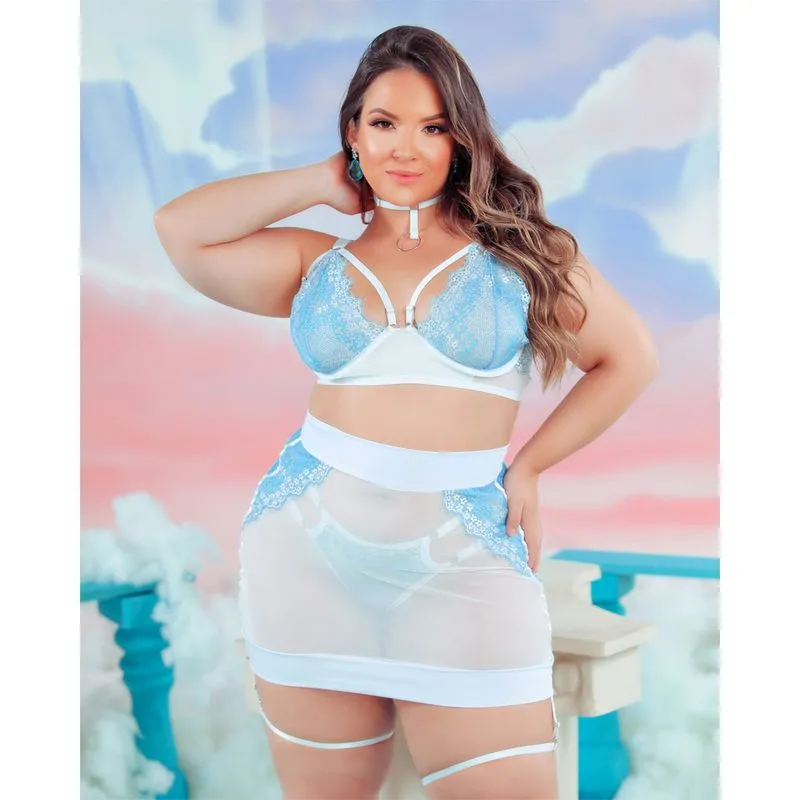 Conjunto Rendado Strappy sem Bojo e com Saia Plus Size Dy Girl
