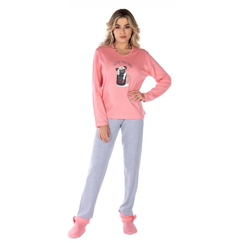 Pijama Feminino Canelado Longo Inverno Victory Pijama Tradicional Canelado Manga Longa e Calça Inverno Victory