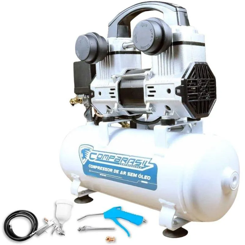 Compressor Silencioso Sem Óleo 8l 1,5hp Compbrasil Com Kit Para Compressor 6 Peças Ferrari-110v