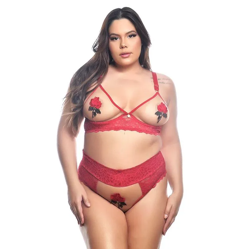 Conjunto Mirna Plus Size em Tule Tallyta Moda Apimentada Conjunto Mirna Vermelho Illusion Plus Size em Tule Tallyta Moda Apimentada