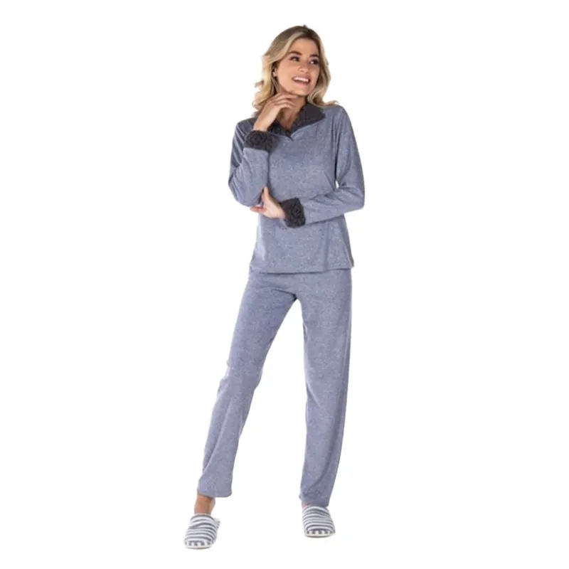 Pijama Plush Charme Feminino com Manga Longa e Calça Coleção Inverno Victory