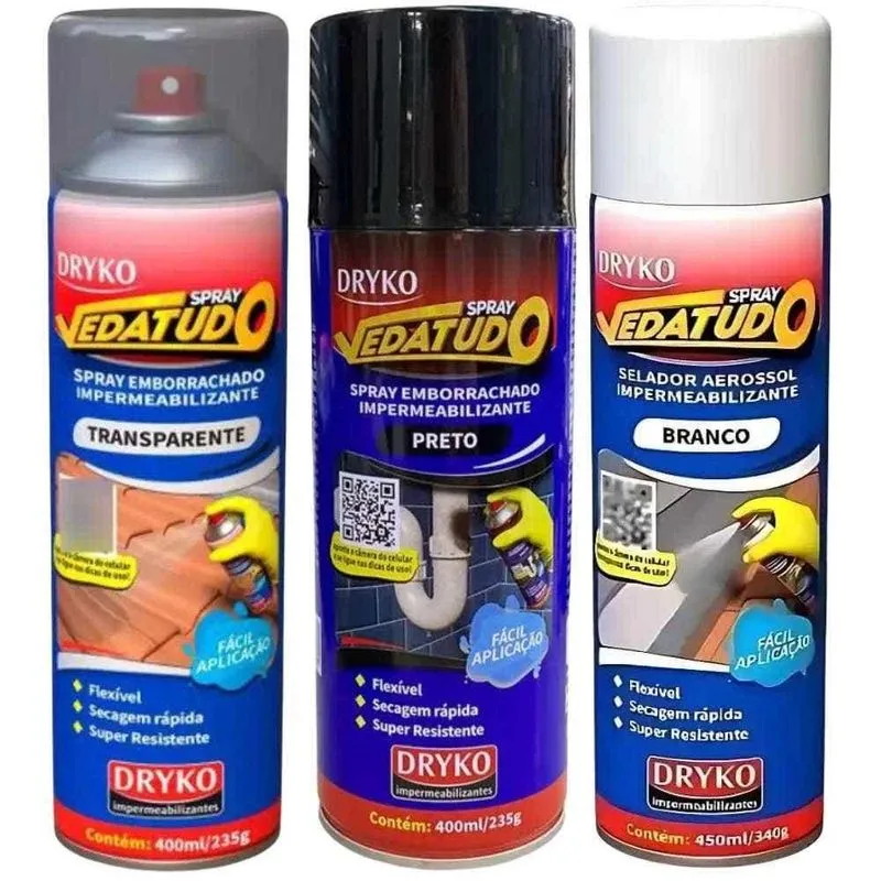 Sprays Emborrachado Impermeabilizante Preto Branco E Transparente 400 Ml 3 Unidades Dryko