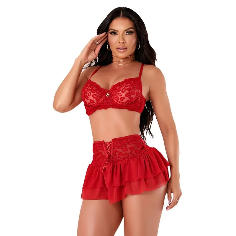 Conjunto Kisses com Detalhes em Renda e Sainha Tallyta Moda Apimentada