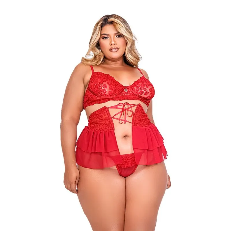 Conjunto Kisses Plus com Detalhes em Renda e Sainha Tallyta Moda Apimentada